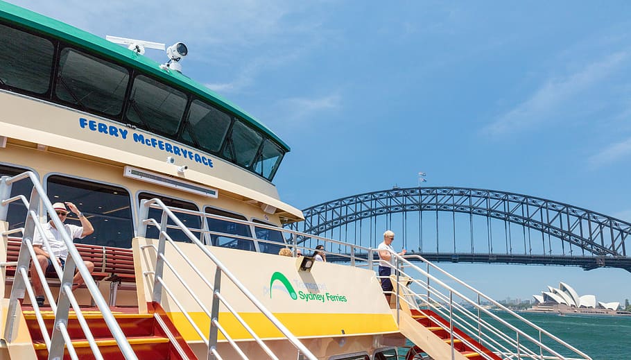 white Ferry McFerryace, man riding on white and yellow ferry boat HD wallpaper