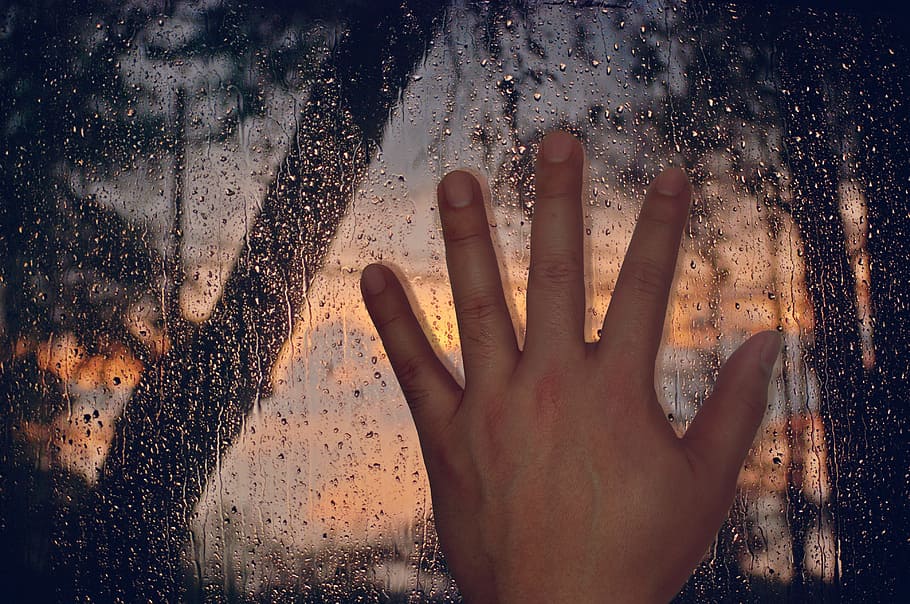Hand, Rain, Storm, Storm, Window, Drops, Sunset, human hand HD wallpaper
