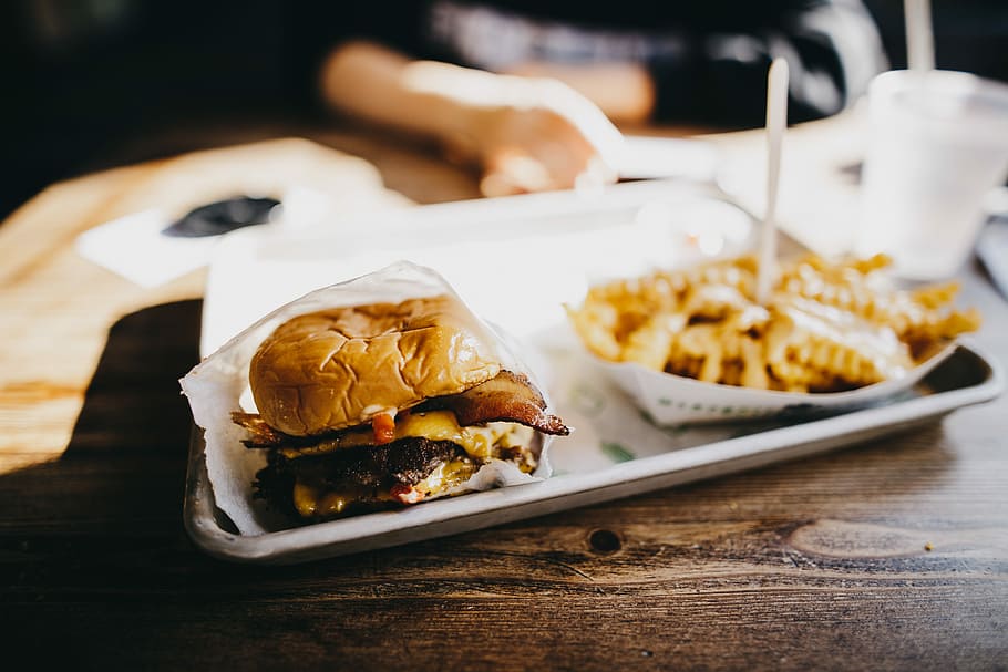 Fast food, bacon, beef, bun, burger, dish, fastfood, fries, joint HD wallpaper