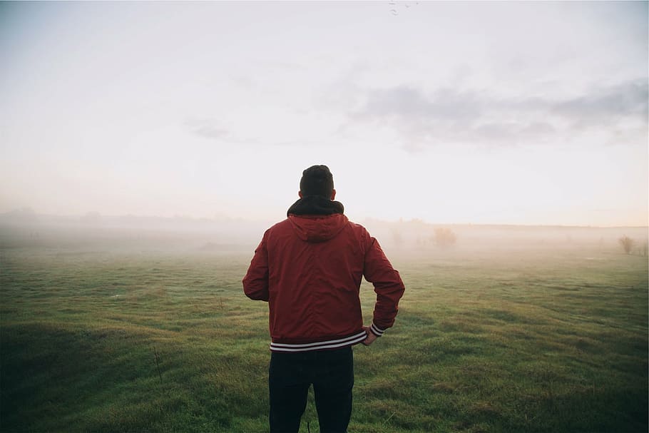 person standing on open field, man, red, zipped, jacket, black HD wallpaper