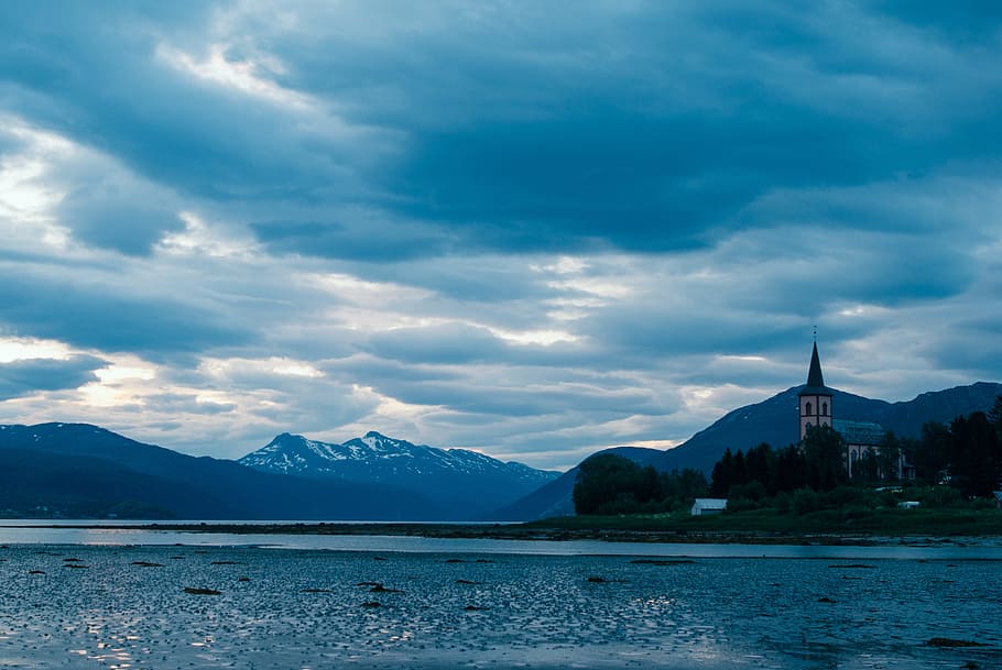 Midnight sun in Norway, landscape, nature, church, lake, sky HD wallpaper