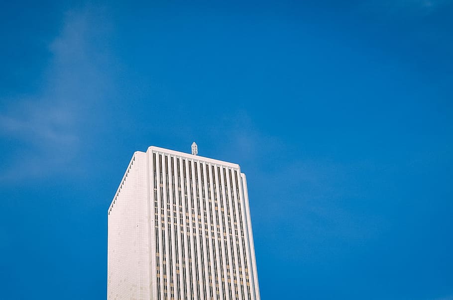 low angle photo of white high-rise building under blue sky, white high-rise building during daytime HD wallpaper