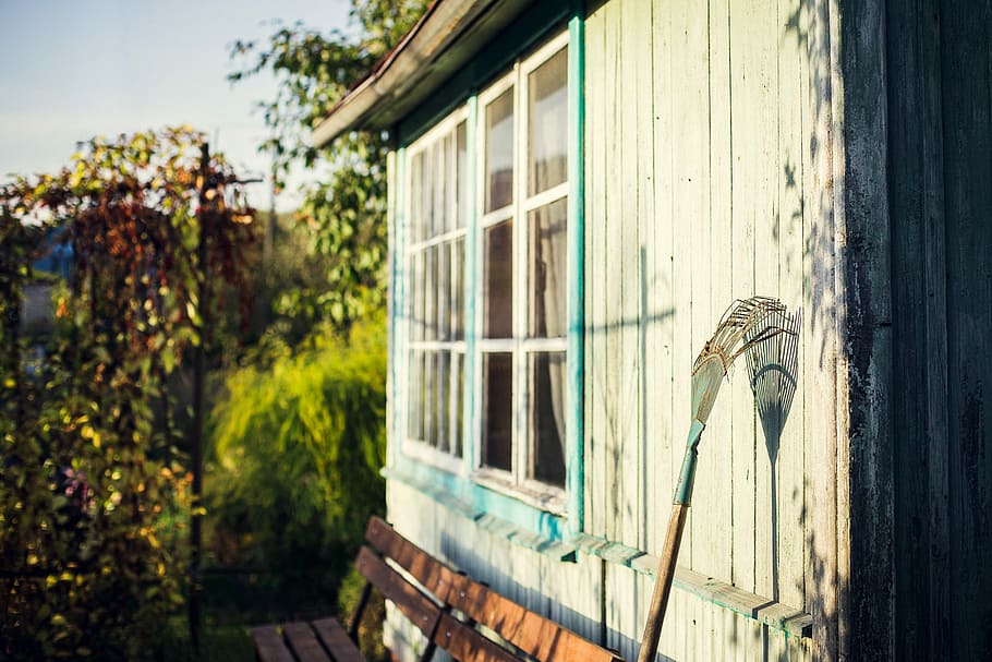 garden rake leaning on white wooden wall at daytime, blue and brown garden rake leaning on white wooden wall during daytime HD wallpaper