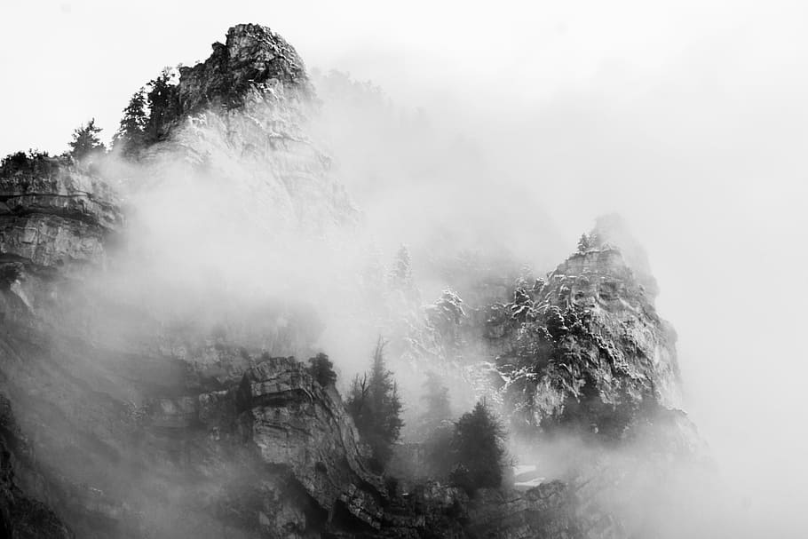 grayscale photography of mountain, mountains, fog, provo, utah, HD wallpaper
