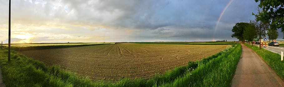 rainbow, pano, evening, agriculture, landscape, environment HD wallpaper