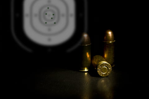 brass-colored bullets on black surface, ammunition, target HD wallpaper