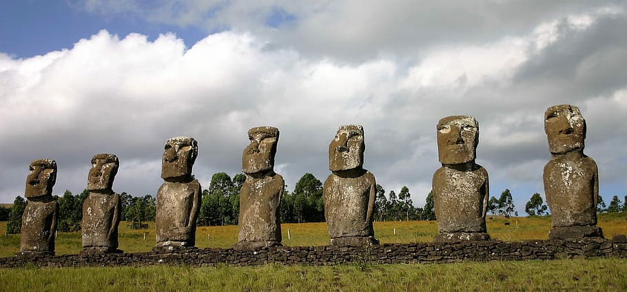 Moai Statues on Easter Island, Chile, clouds, photos, public domain HD wallpaper