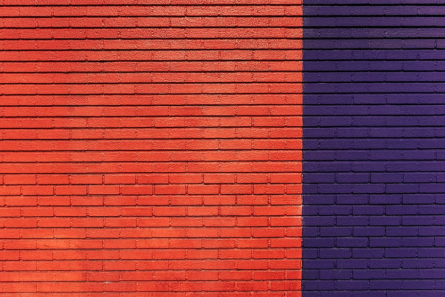 brown and blue wall brick, red, purple, concrete, bricks, orange, HD wallpaper
