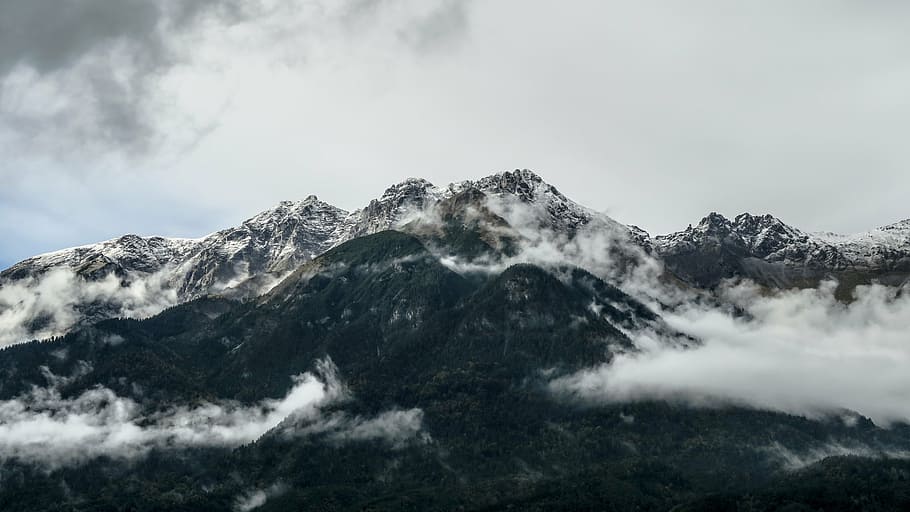 mountain covered with fog, nature, landscape, clouds, sky, travel HD wallpaper