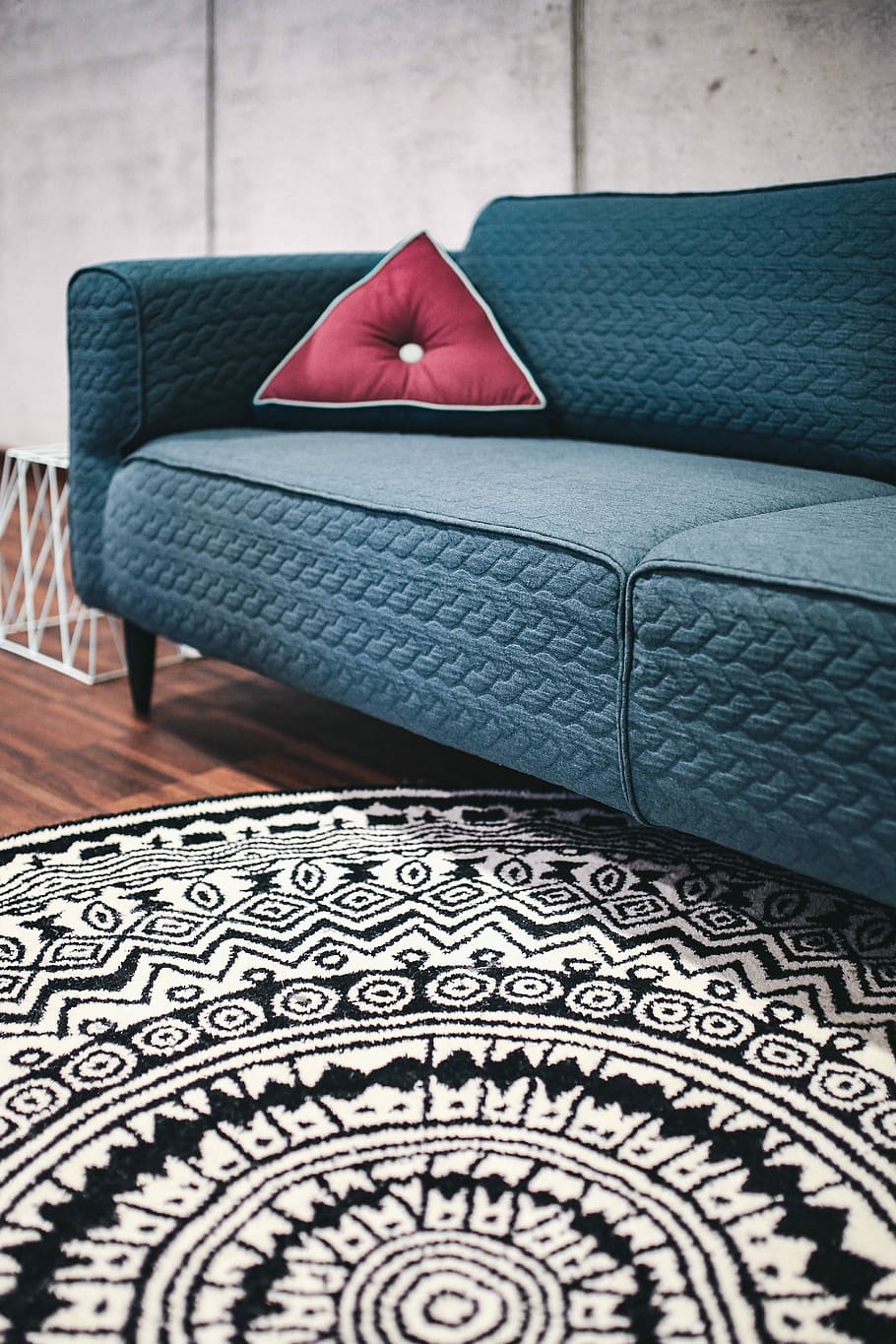 Blue sofa with pillows in a designer living room interior, home decor, HD wallpaper