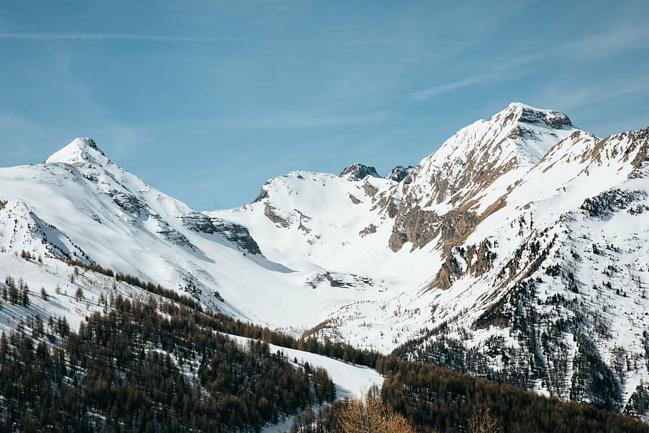 snow coated mountain at daytime, highland, cloud, sky, summit HD wallpaper