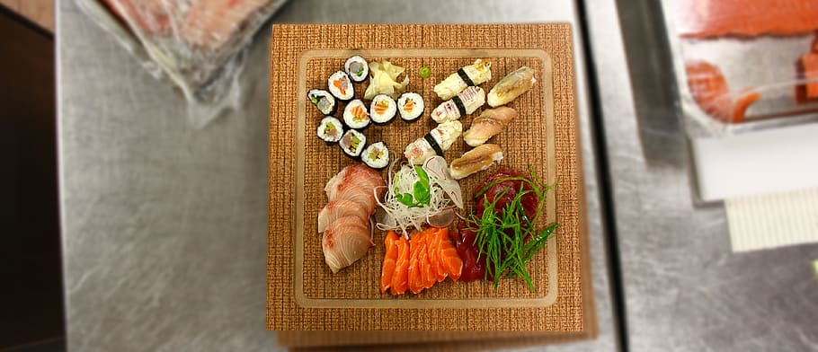 Miki dish, sushi, sashimi, kitchen, food, eat, foods, edible HD wallpaper