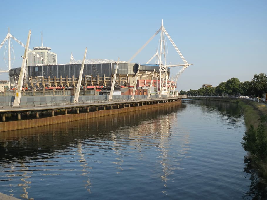 Stadium, Cardiff, River, Ba, architecture, national, europe, HD wallpaper