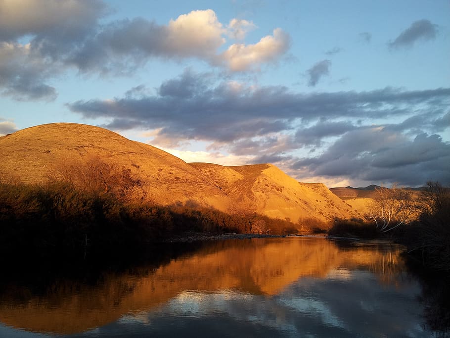 sun, setting, mountain, water, river, calm, outdoors, lake HD wallpaper