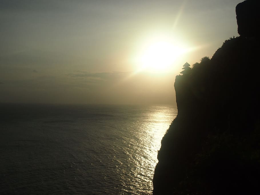 sunset, clif, bali, landscape, water, temple, asia, indonesia HD wallpaper