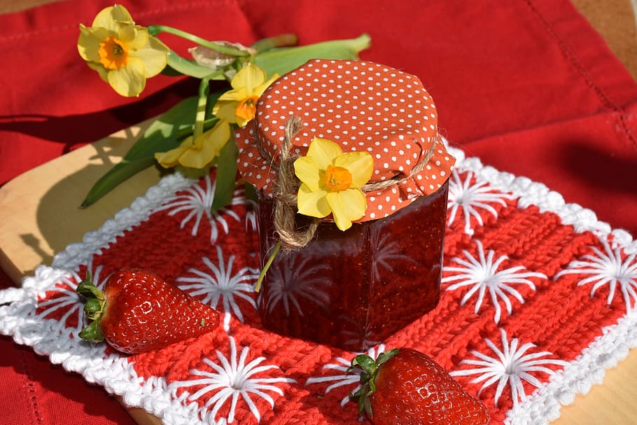 HD wallpaper: filled strawberry jam jar with lid, strawberries, fruit ...