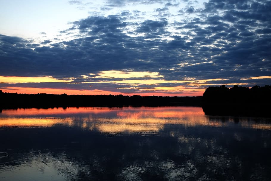 lake, sunset, reflection, paint, clouds, landscape, smooth surface HD wallpaper