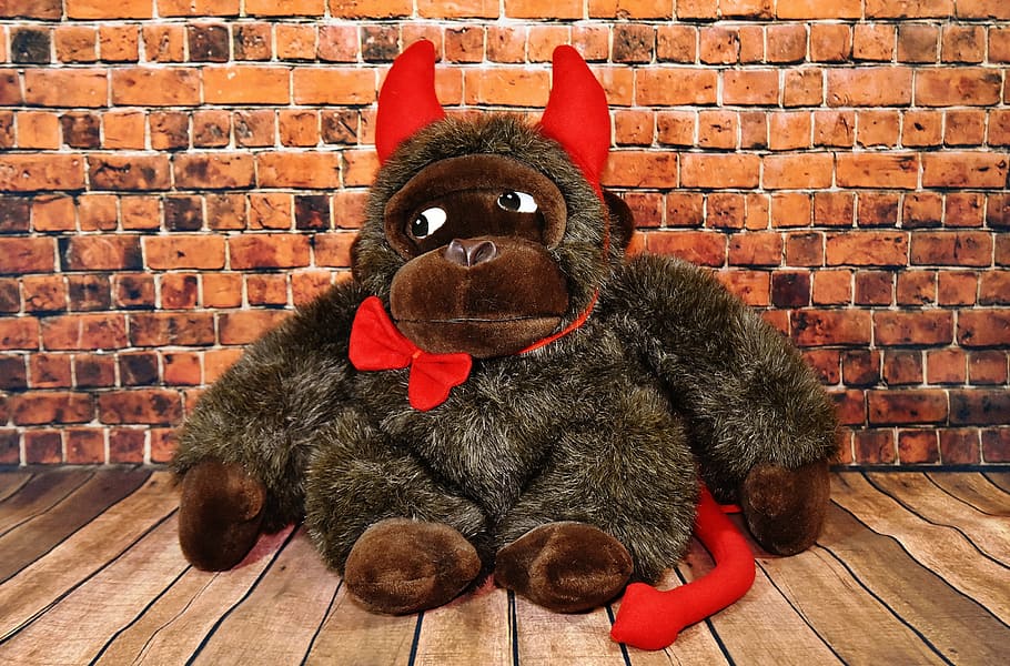 soft toy, monkey, carnival, devil, funny, horns, diabolical HD wallpaper