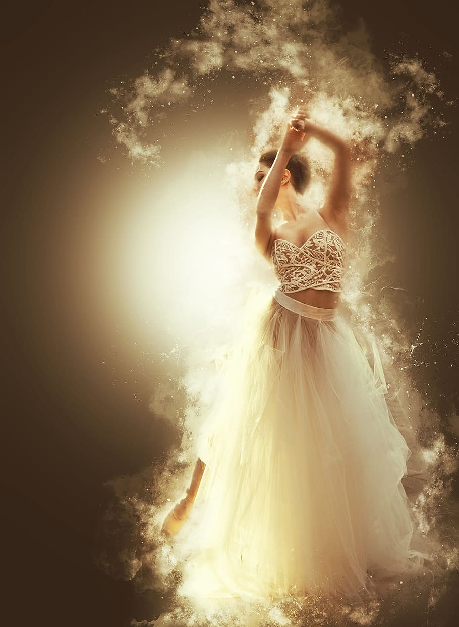 woman in white bridal gown, bride, dance, ethereal, dream, smoke