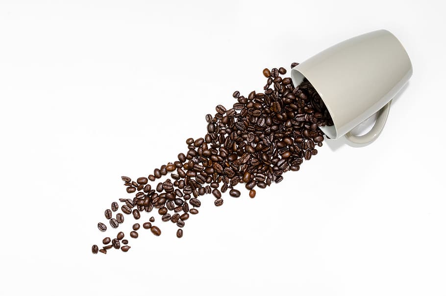 coffee beans beside gray ceramic mug, coffee beans near white ceramic mug HD wallpaper
