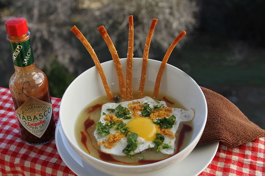 Soup, Egg, Tabasco, Peppers, Herbs, tortillas, food, dinner HD wallpaper