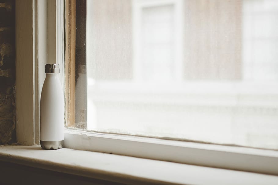 white insulated bottle beside closed glass window, window sill HD wallpaper