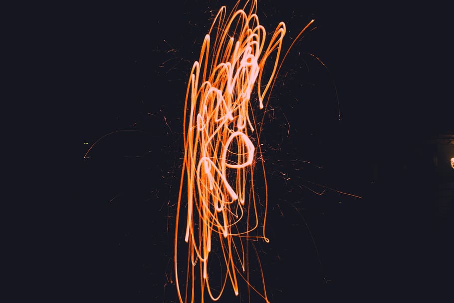 fireworks, steel wool photography of amber, lights, spark, dark HD wallpaper