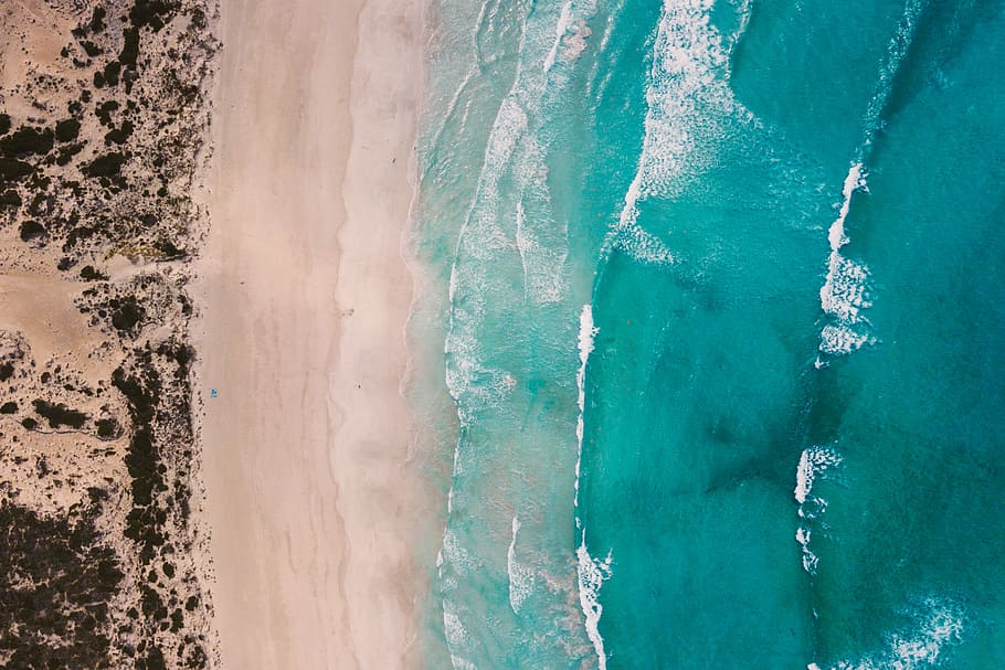 waving blue sea on white beach aerial photography, aerial view HD wallpaper