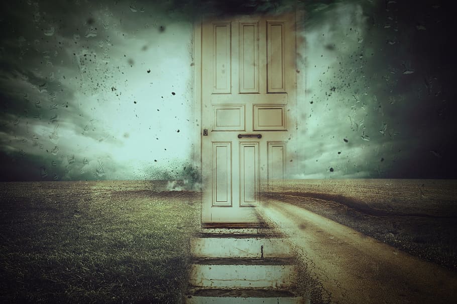 brown door illustration, fantasy, storm, surreal, landscape HD wallpaper