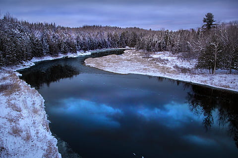 top view of body of water between trees, river, reflection HD wallpaper