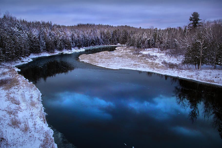 top view of body of water between trees, river, reflection HD wallpaper