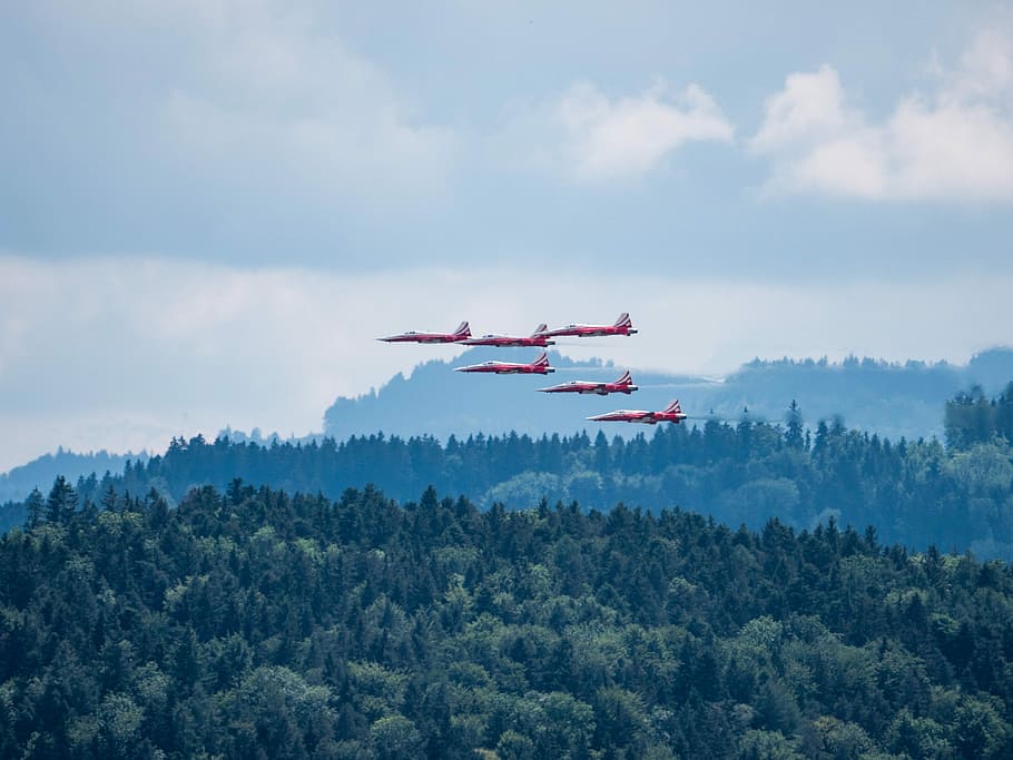 red-and-white airplanes flaying above green mountain, five fighter jets on flight HD wallpaper