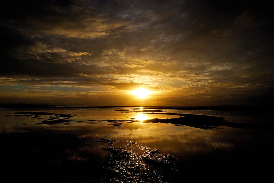sunset, dark, sea, beach, in the sand, water, sky, reflection HD wallpaper