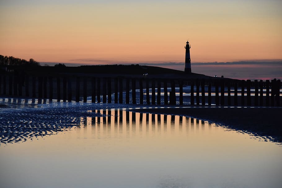 evening sun, lighthouse, mirroring, sea, north sea, breskens HD wallpaper