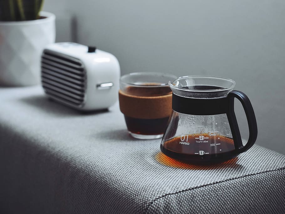 glass coffee pitcher, clear and black coffee mug, pot, cup, speaker HD wallpaper