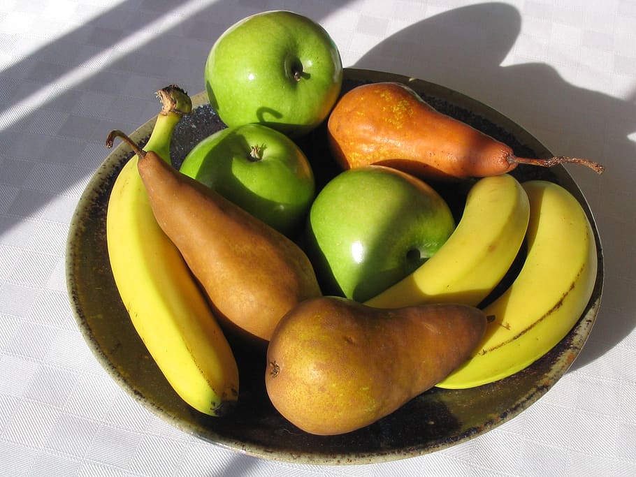 fruit, apple, banana, pear, fresh, bowl, ripe, healthy eating HD wallpaper