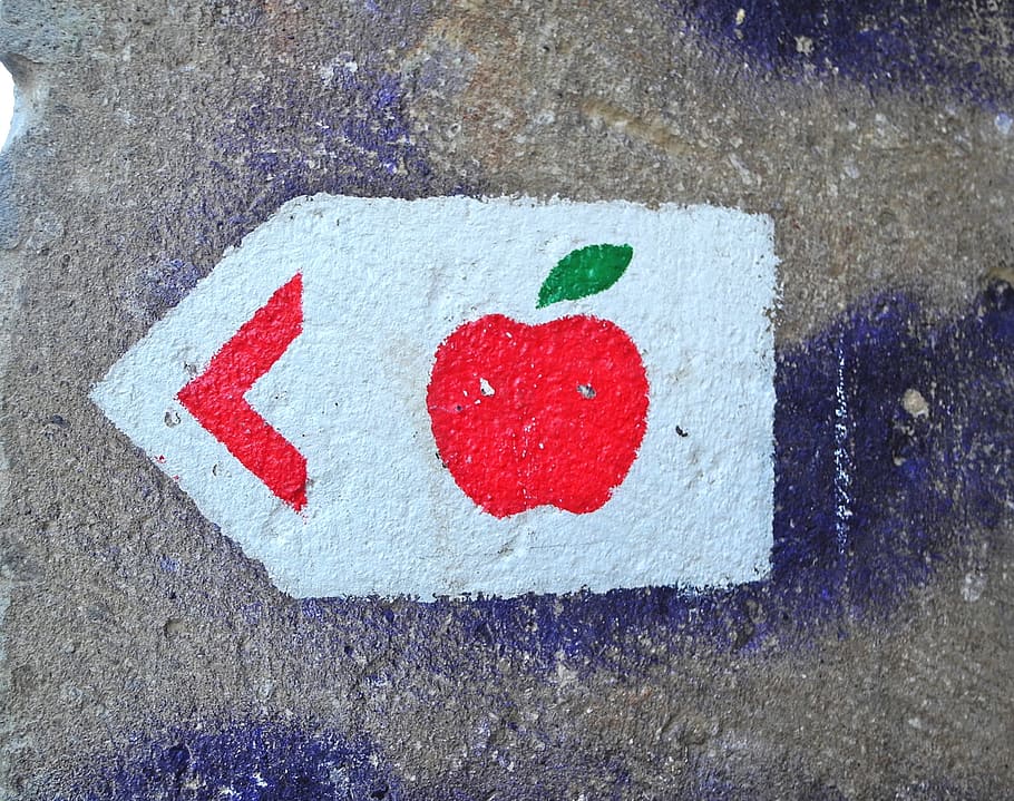 apple, sign, warning, graffiti, wall painting, direction, red HD wallpaper