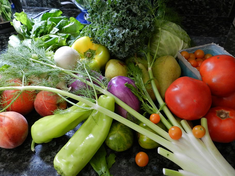 assorted vegetable and fruits on black granite surface, vegetables HD wallpaper