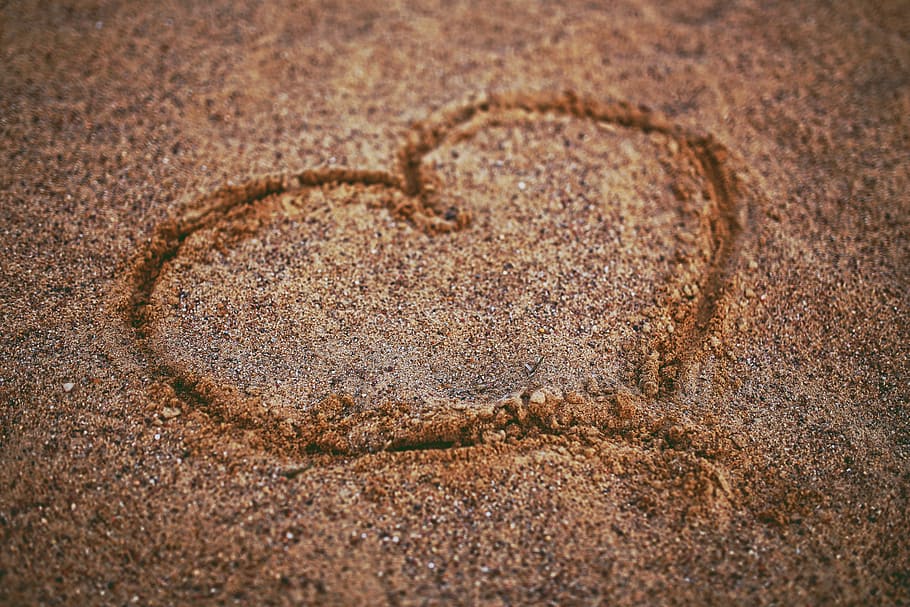 selective focus photography of heart drawing on sand, beach HD wallpaper