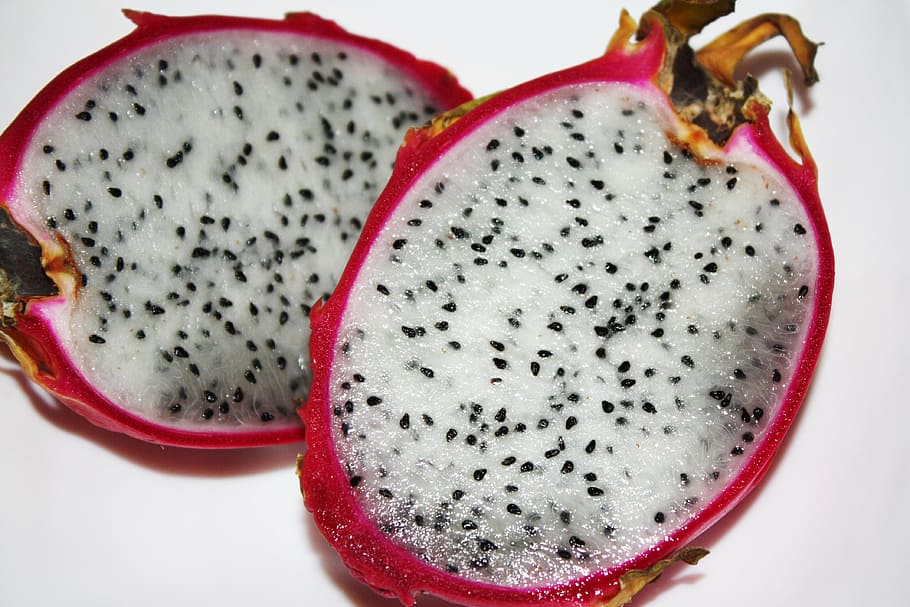 sliced dragon fruit on white surface, exotic fruit, pitaya, pitahaya, HD wallpaper