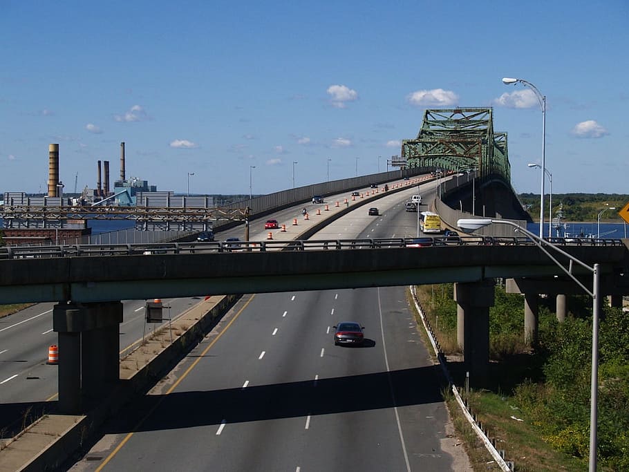 Massachusetts, Clouds, Bridge, sky, highway, vehicles, traffic HD wallpaper
