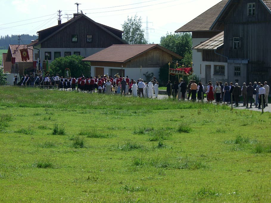 corpus christi, procession, carrying sky, flags, costume, music band HD wallpaper