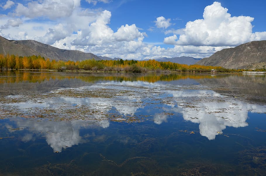 pond, tibet, blue sky, cloud, watercolor, nature, lake, reflection HD wallpaper
