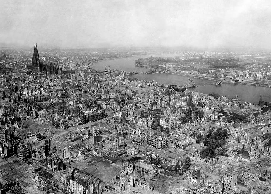 grayscale photography of buildings, Cologne, Bombing, Destruction HD wallpaper
