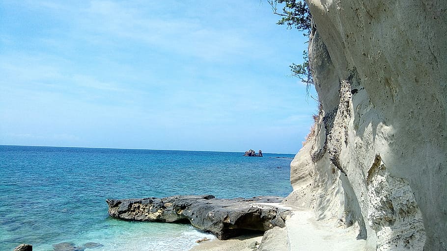 beach, rocks, cliff, summer, sea, water, land, sky, rock - object HD wallpaper