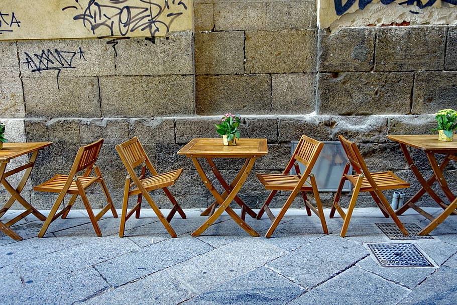 brown wooden folding table and chairs, street cafe, dining tables, HD wallpaper