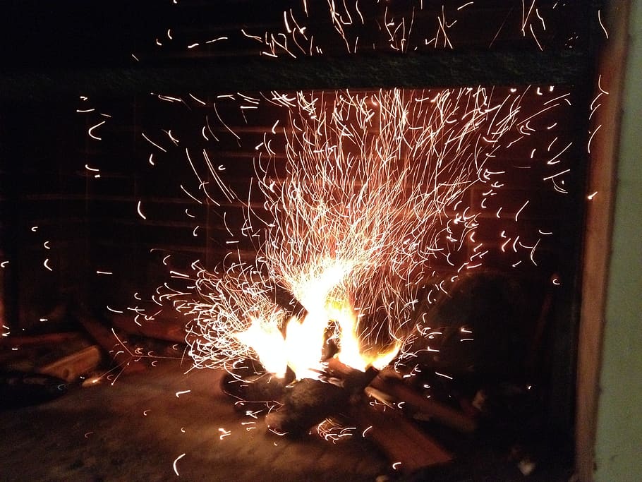 sparks, fire grilled, roasted, night, glow, orange, heat, burning HD wallpaper