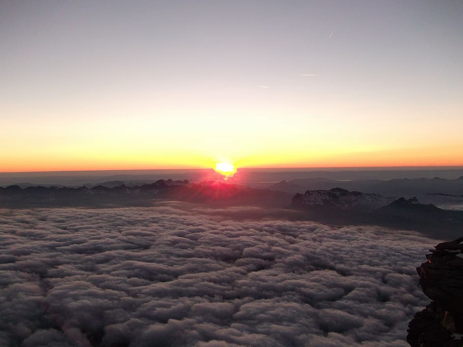 sunset, altitude, clouds, skyline, mountain, travel, sunrise HD wallpaper