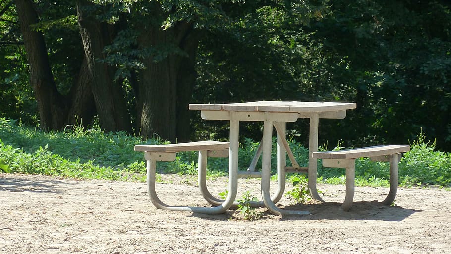 white wooden picnic table beside grass field, park, lunch, empty HD wallpaper