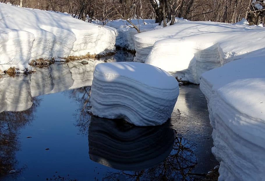 forest, river, winter, stones, ice, snow, snowdrifts, trees HD wallpaper